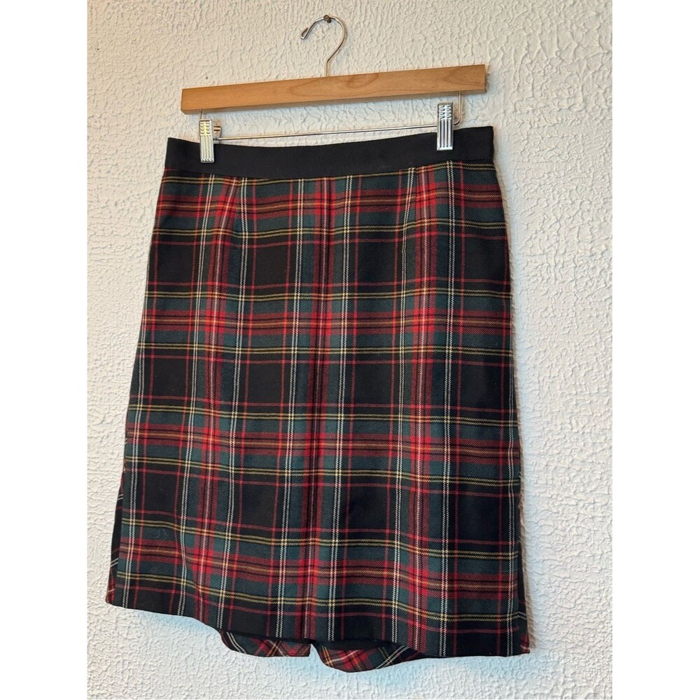 J. Crew Black Red Tartan Wool Midi Skirt